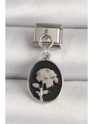 316L Çelik Gümüş Renk Gümüş Çiçek İşlemeli Siyah Portre Model Nomination Charm