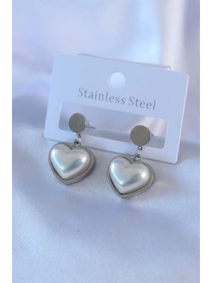 316L Çelik Gümüş Renk İncili Kalp Model Kadın Küpe