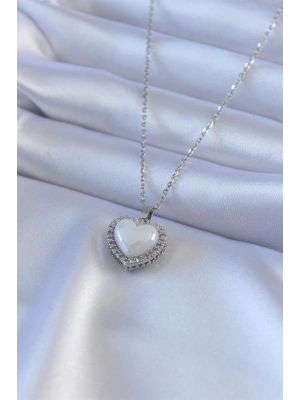 316L Çelik Gümüş Renk İncili Kalp Model Zirkon Taşlı Kadın Kolye