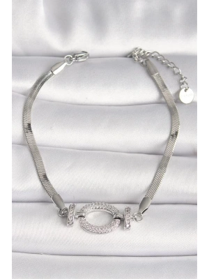 316L Çelik Gümüş Renk İtalyan Zincir Model Zirkon Taşlı Halka Figür Kadın Bileklik