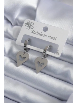 316L Çelik Gümüş Renk Kalp Model Kelebek İşleme Kadın Küpe