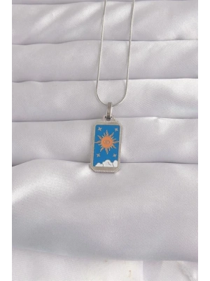 316L Çelik Gümüş Renk Mavi Mineli Güneş Model Tarot Kolye