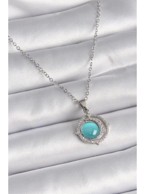 316L Çelik Gümüş Renk Mavi Sedefli Hilal Model Kadın Kolye