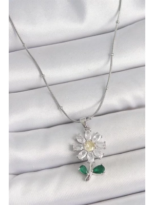 316L Çelik Gümüş Renk Minimal Topçuk Zincir Zirkon Taşlı Papatya Model Kadın Kolye