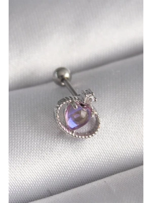 316L Çelik Gümüş Renk Mor Mineli Kalp Zirkon Taş Detay Tragus Piercing