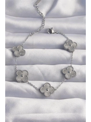 316L Çelik Gümüş Renk Motifli Yonca Bileklik