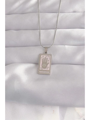 316L Çelik Gümüş Renk Pembe Mineli El Figür Tarot Kolye