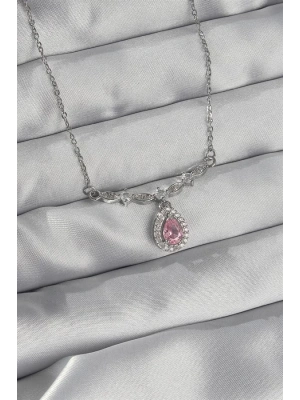 316L Çelik Gümüş Renk Pembe Zirkon Taşlı Damla Kolye