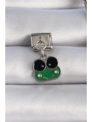 316L Çelik Gümüş Renk Sallantılı Yeşil Kurbağa Figür Nomination Charm