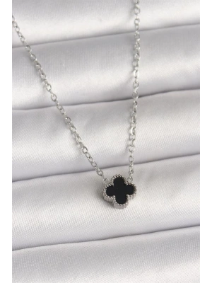316L Çelik Gümüş Renk Siyah Yonca Model Kadın Kolye