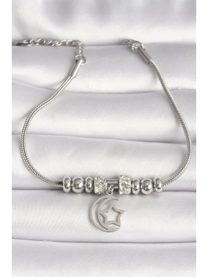 316L Çelik Gümüş Renk Tüp Zincir Zirkon Taş Detaylı Sallantı Ay Yıldız Figür Kadın Bileklik