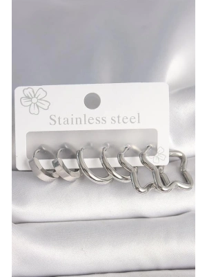 316L Çelik Gümüş Renk Yarım Halka Yıldız Model Kadın Küpe Seti