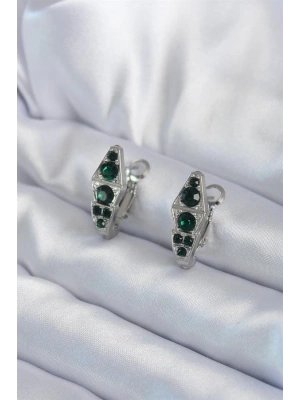 316L Çelik Gümüş Renk Yeşil Kristal Taş İşleme Yılan Model Kadın Küpe