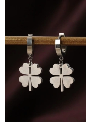 316L Çelik Gümüş Renk Yonca Küpe