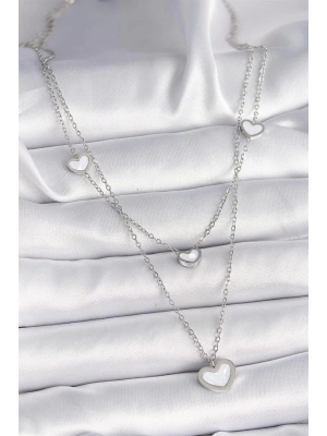 316L Çelik Gümüş Renk Zincir 2Li Zincir Kalp Model Kadın Kolye