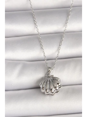 316L Çelik Gümüş Renk Zincir Açılır İncili Midye Model Kadın Kolye