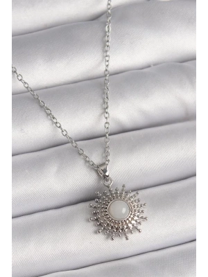 316L Çelik Gümüş Renk Zincir Beyaz Mineli Güneş Model Kadın Kolye