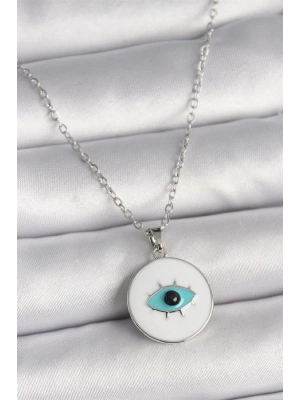 316L Çelik Gümüş Renk Zincir Beyaz Mineli Turkuaz Göz İşleme Model Kadın Kolye
