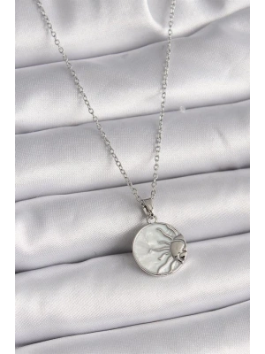 316L Çelik Gümüş Renk Zincir Beyaz Sedefli Gün Batımı Model Kadın Kolye