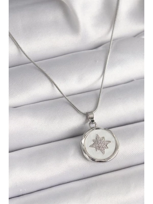 316L Çelik Gümüş Renk Zincir Beyaz Sedefli Zirkon Taşlı Yıldız İşleme Model Kadın Kolye