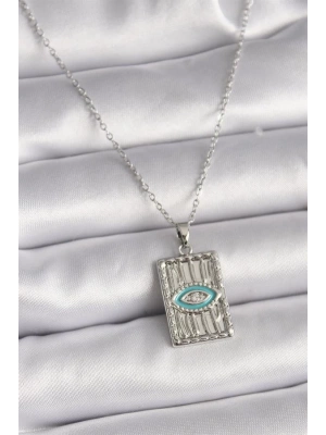 316L Çelik Gümüş Renk Zincir Göz İşlemeli Madalyon Model Kadın Kolye