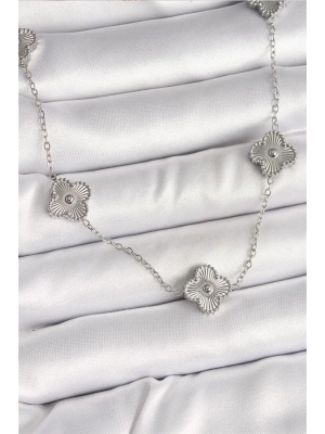 316L Çelik Gümüş Renk Zincir İşlemeli Yonca Model Kadın Kolye