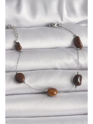 316L Çelik Gümüş Renk Zincir Kahverengi Doğaltaş Model Kadın Bileklik