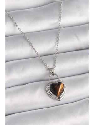 316L Çelik Gümüş Renk Zincir Kilit Kalp Kehribar Boncuk Model Kadın Kolye