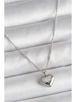316L Çelik Gümüş Renk Zincir Love İşleme Kalp Figür Kadın Kolye