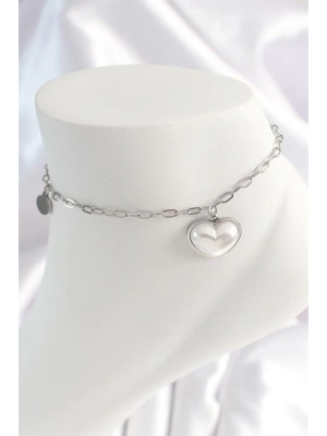 316L Çelik Gümüş Renk Zincir Model 3D Kalp Beyaz Kalp Figür Kadın HalHal