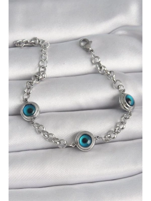 316L Çelik Gümüş Renk Zincir Model Nazar Boncuklu Kadın Bileklik