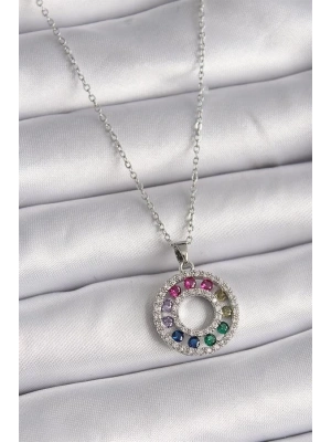 316L Çelik Gümüş Renk Zincir Renkli Zirkon Taşlı Madalyon Model Kadın Kolye