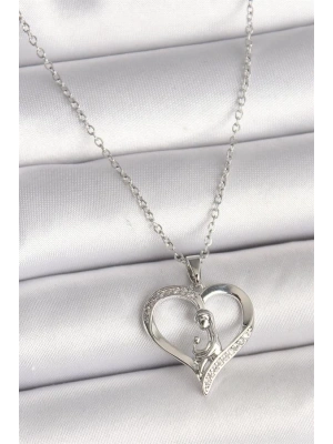 316L Çelik Gümüş Renk Zincir Zirkon Taş Detaylı Kalp Model Kadın Kolye