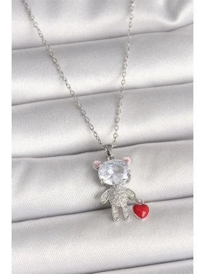 316L Çelik Gümüş Renk Zincir Zirkon Taşlı Ayıcık Model Kırmızı Kalp Detay Kadın Kolye