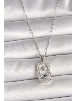 316L Çelik Gümüş Renk Zincir Zirkon Taşlı Göz Yıldız Model Kadın Kolye