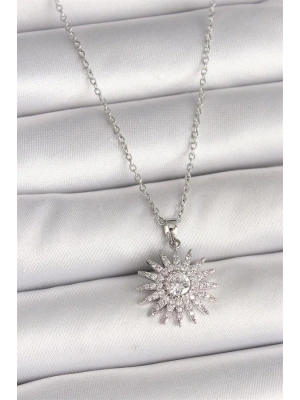 316L Çelik Gümüş Renk Zincir Zirkon Taşlı Güneş Model Kadın Kolye