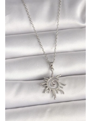 316L Çelik Gümüş Renk Zincir Zirkon Taşlı Güneş Model Kadın Kolye
