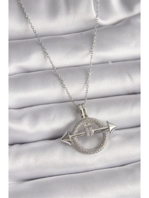 316L Çelik Gümüş Renk Zincir Zirkon Taşlı Halka Model Kadın Kolye