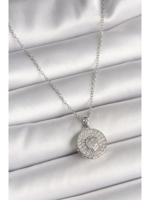 316L Çelik Gümüş Renk Zincir Zirkon Taşlı Kalp İşlemeli Madalyon Model Kadın Kolye