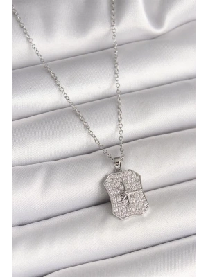 316L Çelik Gümüş Renk Zincir Zirkon Taşlı Kutup Yıldız İşlemeli Madalyon Model Kadın Kolye