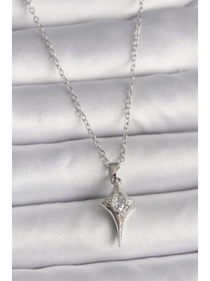 316L Çelik Gümüş Renk Zincir Zirkon Taşlı Kuzey Yıldızı Model Kadın Kolye