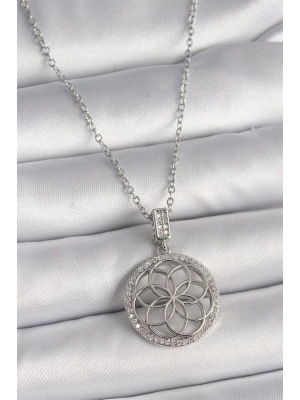 316L Çelik Gümüş Renk Zincir Zirkon Taşlı Lotus Model Kadın Kolye