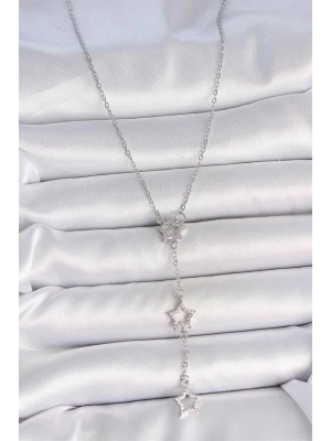 316L Çelik Gümüş Renk Zincir Zirkon Taşlı Yıldız Y Model Kadın Kolye