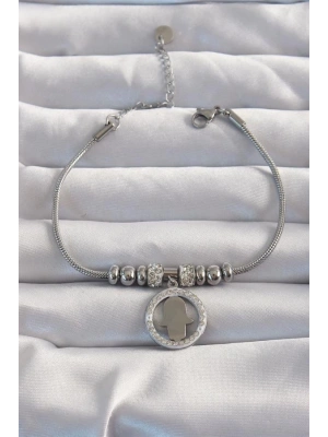 316L Çelik Gümüş Renk Zirkon Taş Aksesuarlı Fatma Ana Eli Bileklik