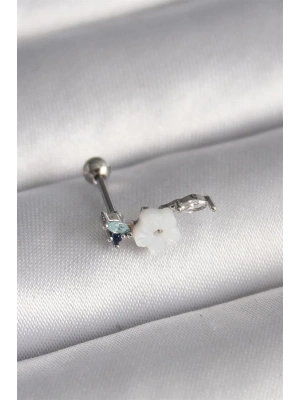 316L Çelik Gümüş Renk Zirkon Taş Detay Beyaz Çiçek Model Tragus Piercing