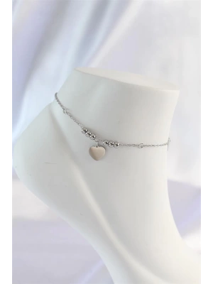 316L Çelik Gümüş Renk Zirkon Taş Detay Kalpli Halhal