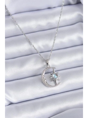 316L Çelik Gümüş Renk Zirkon Taşlı Ay Yıldız Model Kadın Kolye
