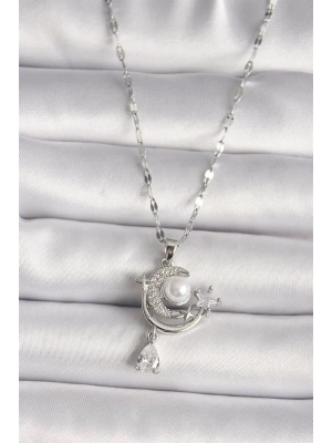 316L Çelik Gümüş Renk Zirkon Taşlı Ay Yıldız Sallantı Detay Kadın Kolye