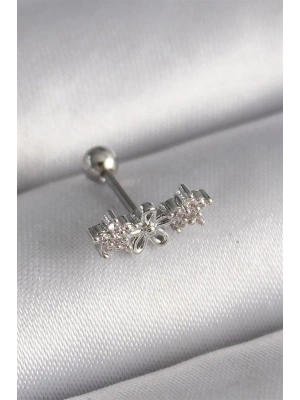 316L Çelik Gümüş Renk Zirkon Taşlı Çiçek Tragus Piercing