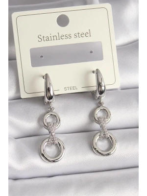 316L Çelik Gümüş Renk Zirkon Taşlı Daire Model Kadın Küpe